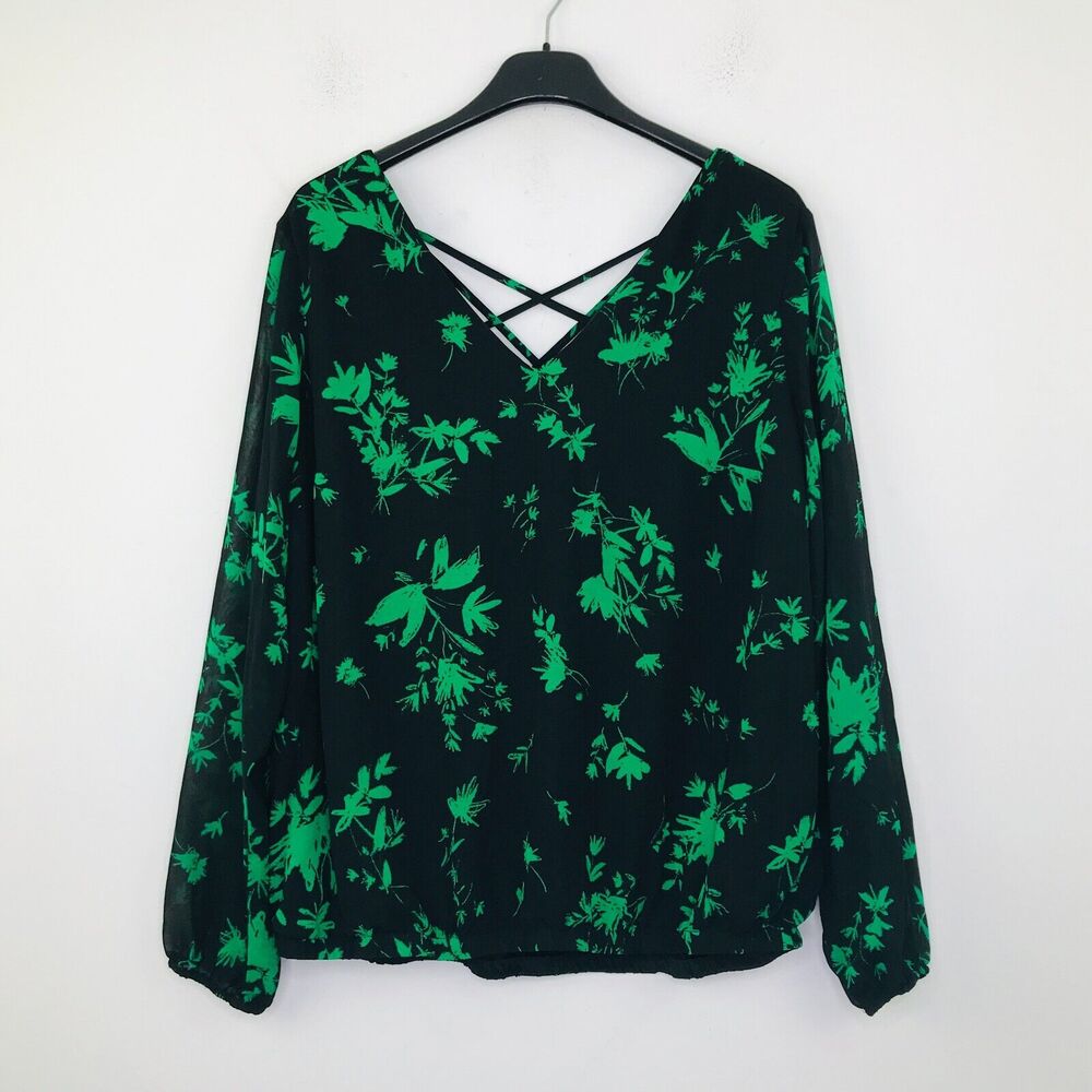 Torrid Women's 0 (Large) Blouse Black Green Floral Print Chiffon Crossback CM28